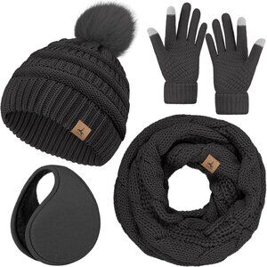Women’ Dark Gray Knit Beanie Hat, Gloves, Scarf & Ear Warmer Set - Winter